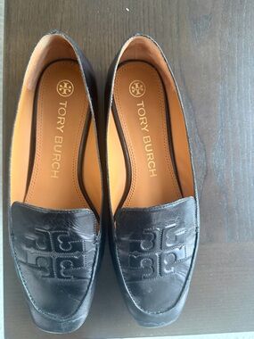 Tory Burch Black Leather Slip-On Ballet Flat with Gold Logo Insole
